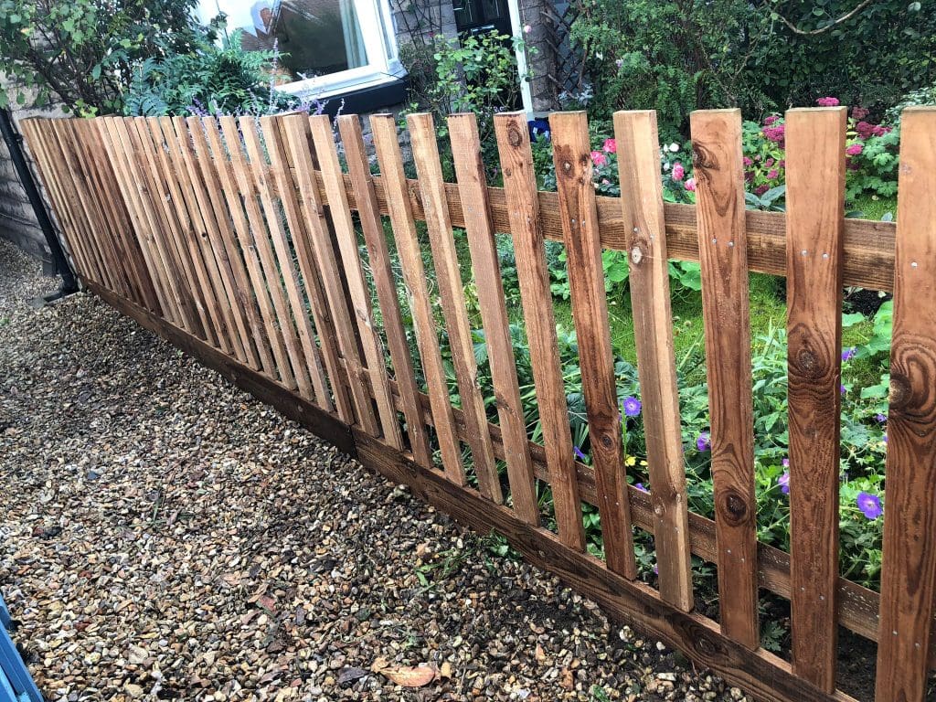 A wooden picket fence runs along a gravel path, separating it from a lush garden with various green plants and colorful flowers. A house is partially visible in the background.