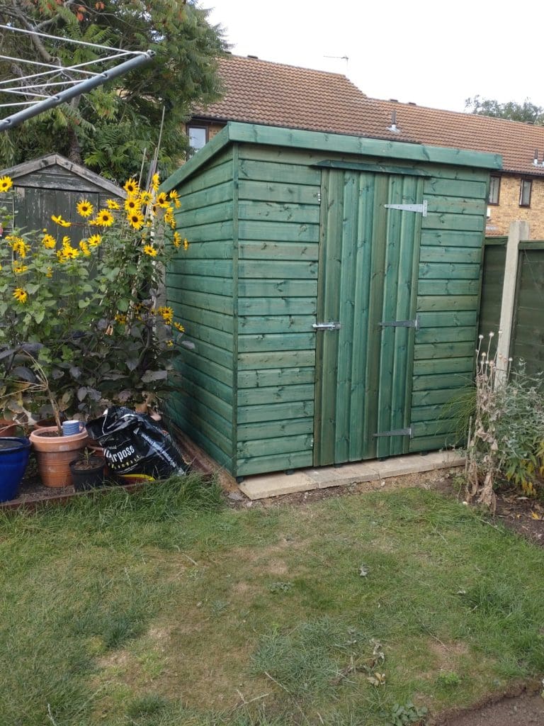A green wooden garden shed with a closed door stands on a concrete base next to potted plants and tall yellow sunflowers, in a backyard enclosed by fences. Houses and rooftops are visible in the background.